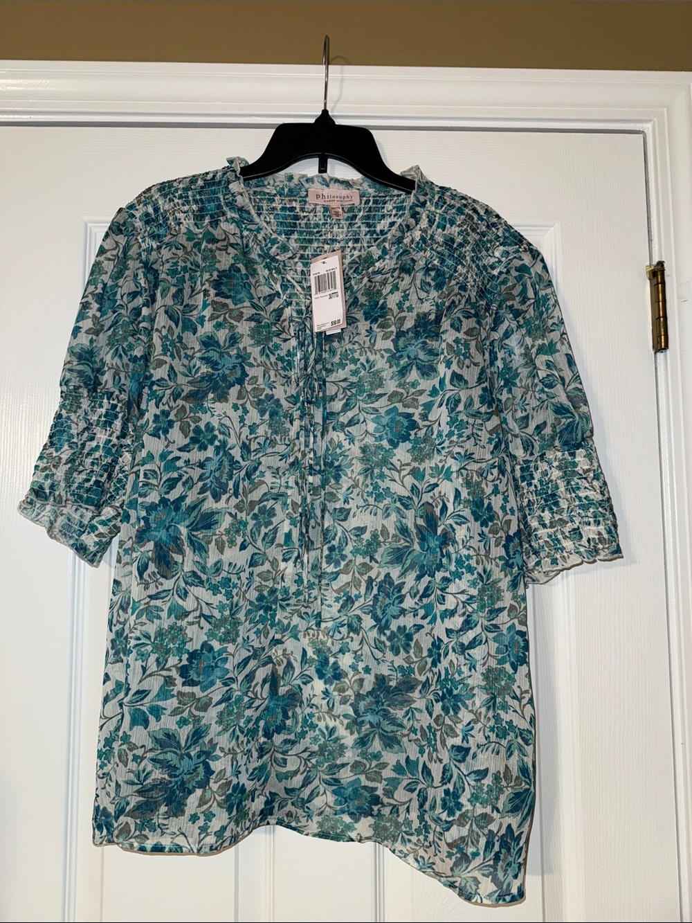 Sheer Philosophy Teal & Aqua Floral Smocked Blouse 3x